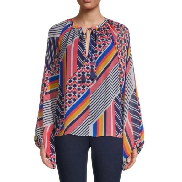 Ramy Brook Kayden blouse multicolor geometric print balloon sleeve Size M - Picture 1 of 7